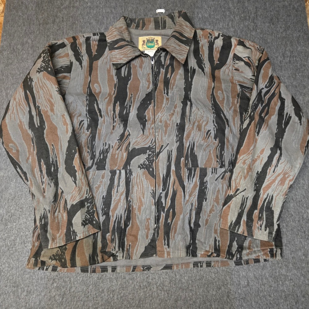 Vintage Ideal Tiger Stripe Camo Jacket Mens XL Brown Gray Full Zip USA Cotton